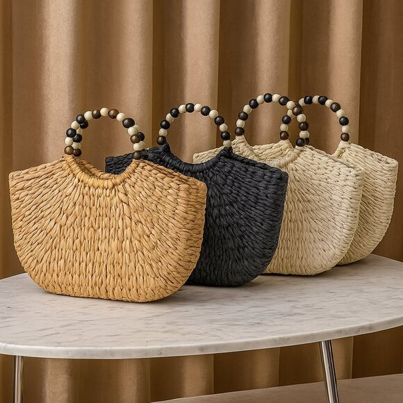 Handmade Woven Straw Bag with Wooden Bead Handles | Vacation Beach Bag | Gift - Picture 3 of 8